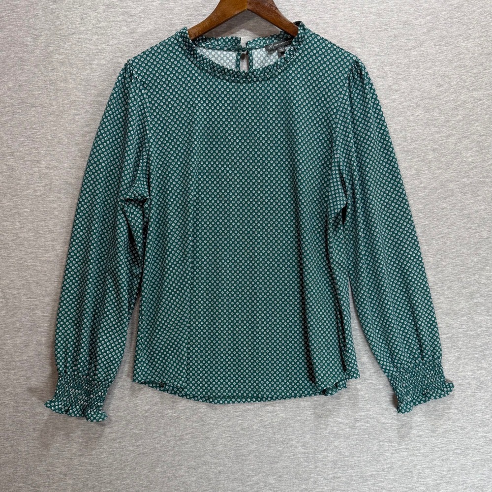 Adrianna Papell Blouse Womens Large Green Geometric Dot Ruffle Neck Career